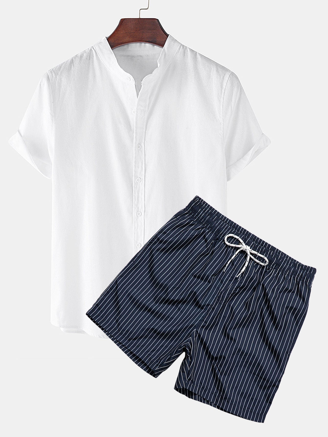 Casual Linen Look | Short Sleeve Shirt & Striped Swim Shorts Set for Summer Fun 0