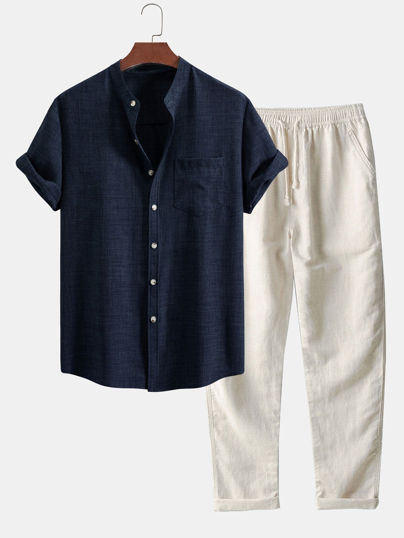 Casual Linen Outfit | Short Sleeve Shirt & Straight Leg Pants for Everyday Comfort 0