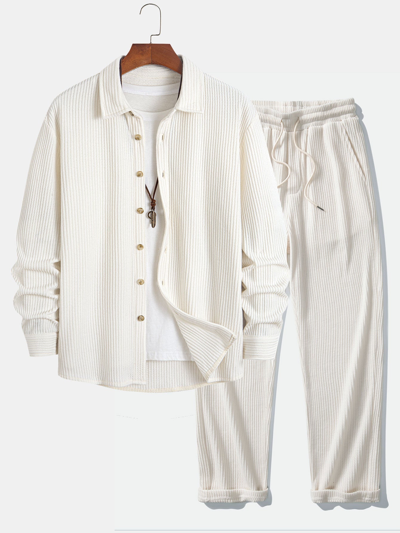 Cozy Waffle Knit Lounge Set with Long Sleeved Shirt & Drawstring Pants for Ultimate Comfort 1