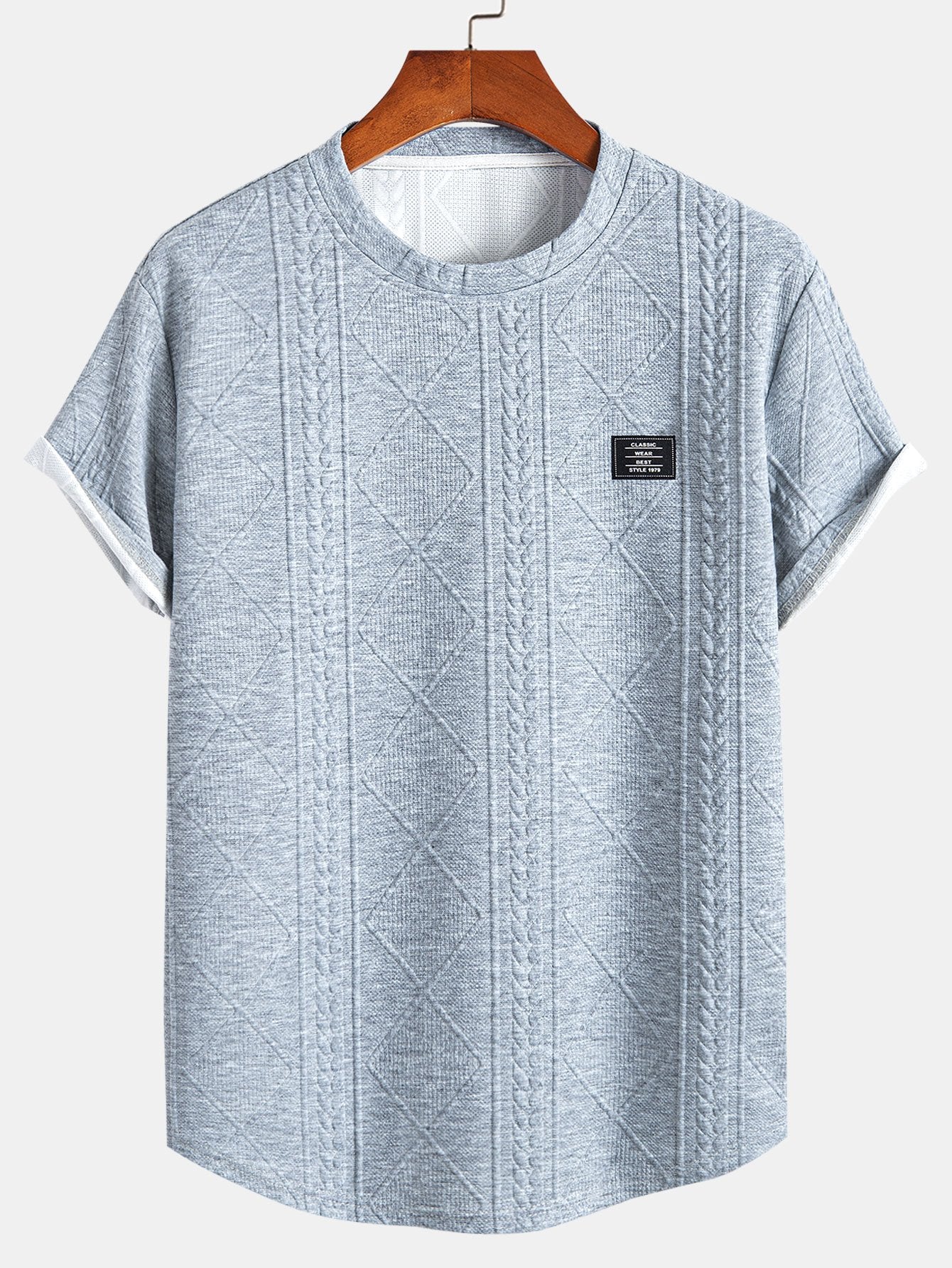 Geometric Jacquard T-Shirt with Arc Hem Design for Stylish Comfort 4
