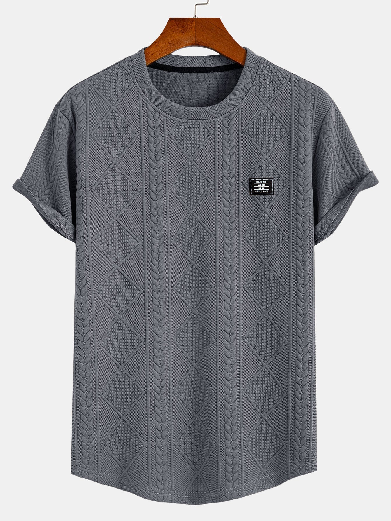 Geometric Jacquard T-Shirt with Arc Hem Design for Stylish Comfort 7