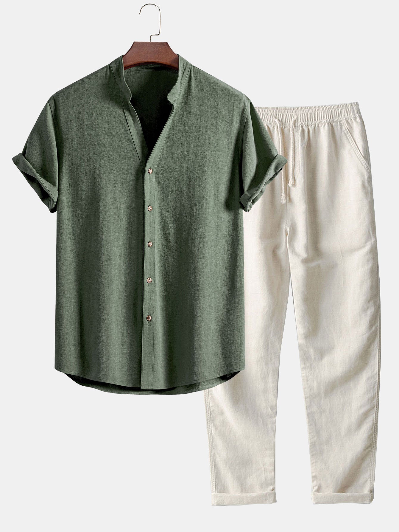 Linen Blend Women's Outfit | V Neck Shirt & Straight Leg Pants for Comfort 0