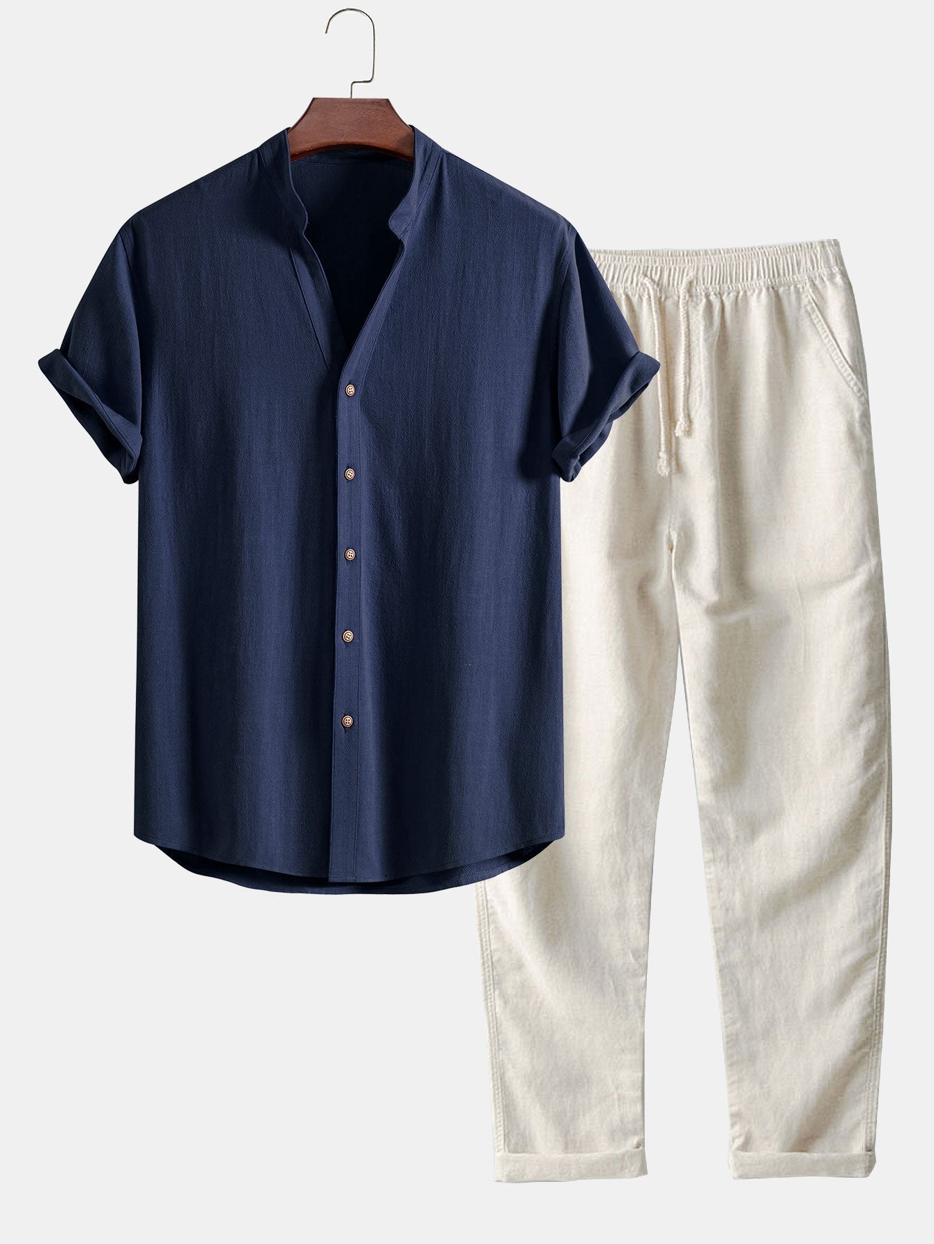 Linen Blend Women's Outfit | V Neck Shirt & Straight Leg Pants for Comfort 1
