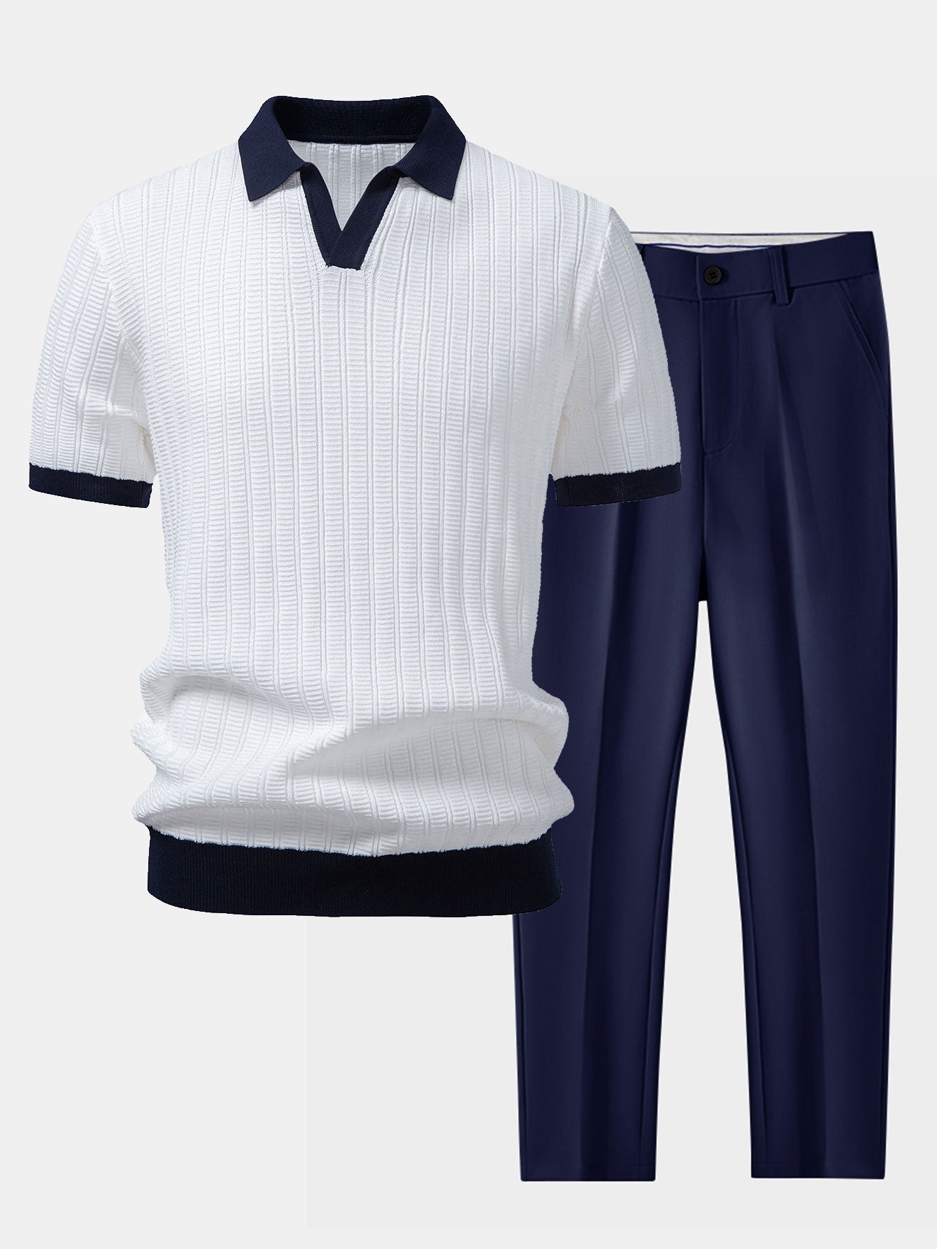 Modern Elegance | Contrast Textured Polo & Slim Fit Tapered Trousers Set | Soft, Breathable Fabric for All-Day Comfort 0