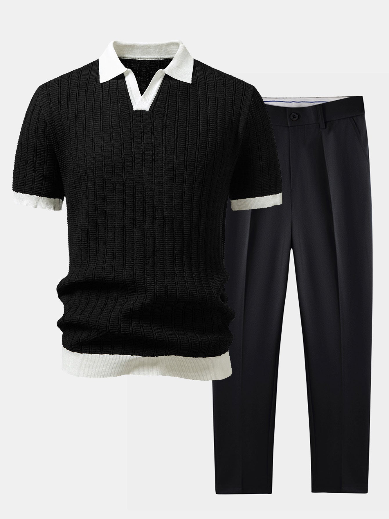 Modern Elegance | Contrast Textured Polo & Slim Fit Tapered Trousers Set | Soft, Breathable Fabric for All-Day Comfort 1