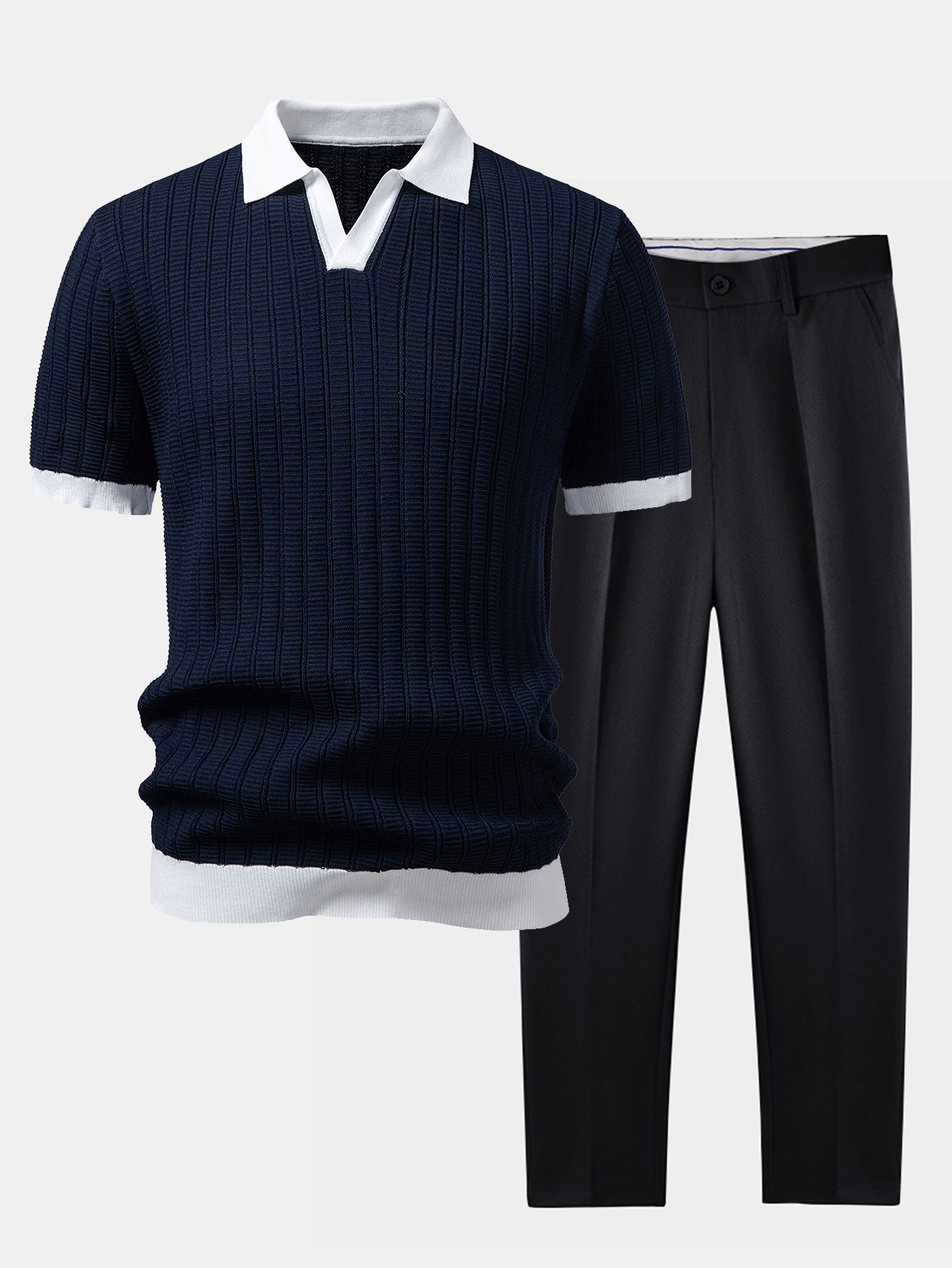 Modern Elegance | Contrast Textured Polo & Slim Fit Tapered Trousers Set | Soft, Breathable Fabric for All-Day Comfort 4