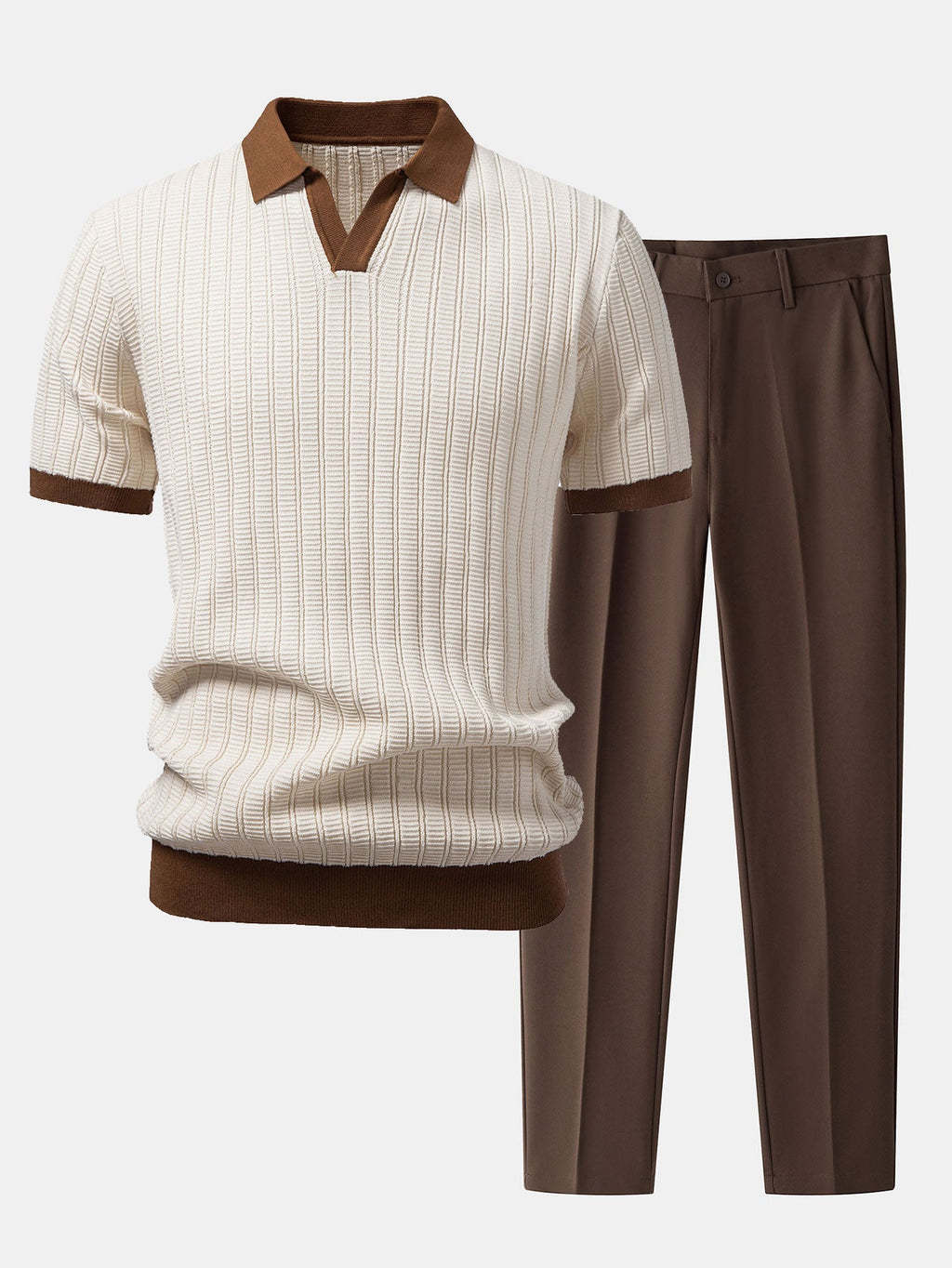 Smart Casual Set | Men's Outfit with Contrast Textured Polo & Slim Fit Trousers | Comfortable Style for Everyday Wear 0