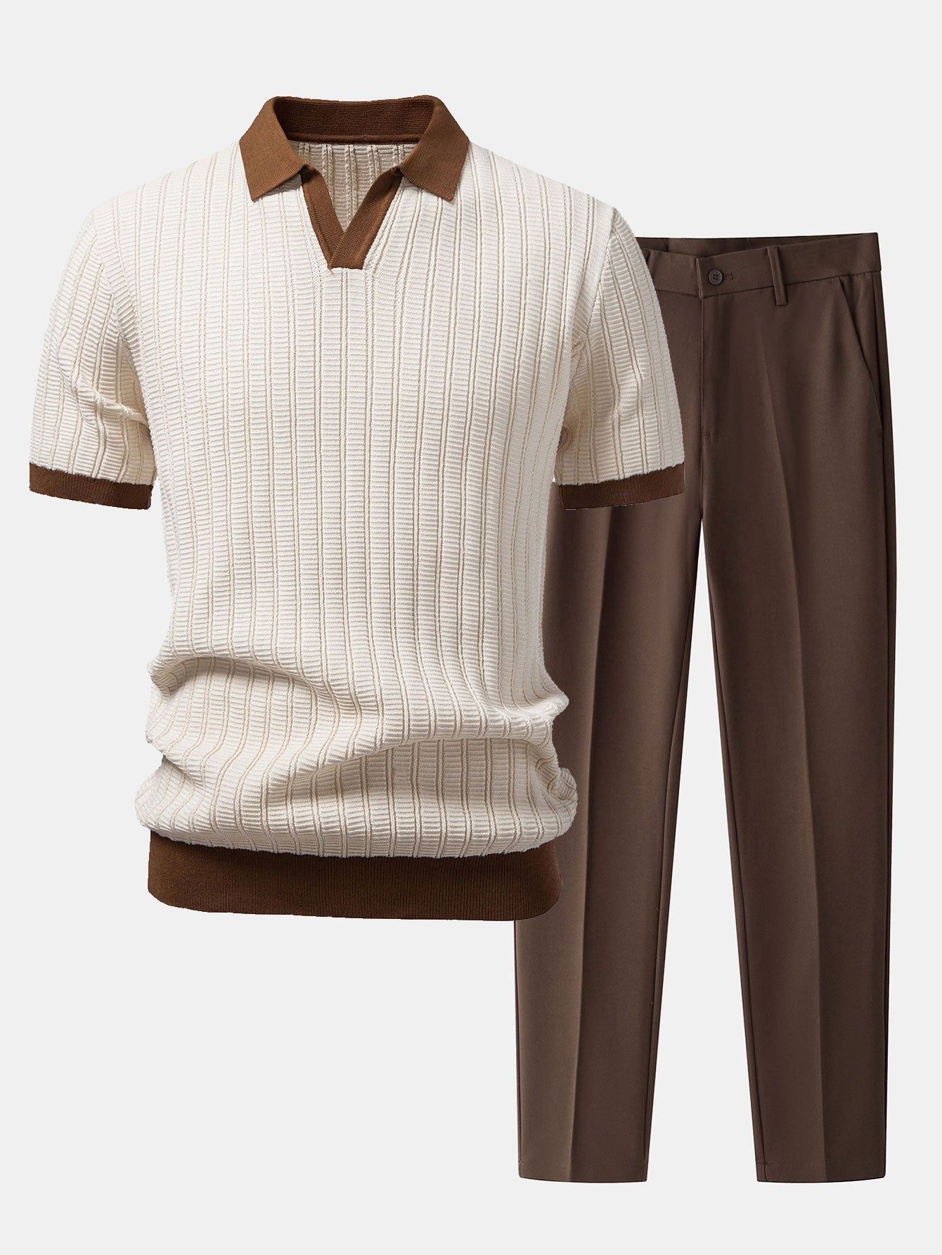 Smart Casual Set | Men's Outfit with Contrast Textured Polo & Slim Fit Trousers | Comfortable Style for Everyday Wear 0
