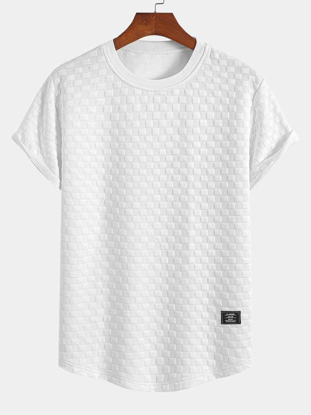 Stylish Arc Hem T-Shirt with 3D Checkerboard Texture for All-Day Comfort 0