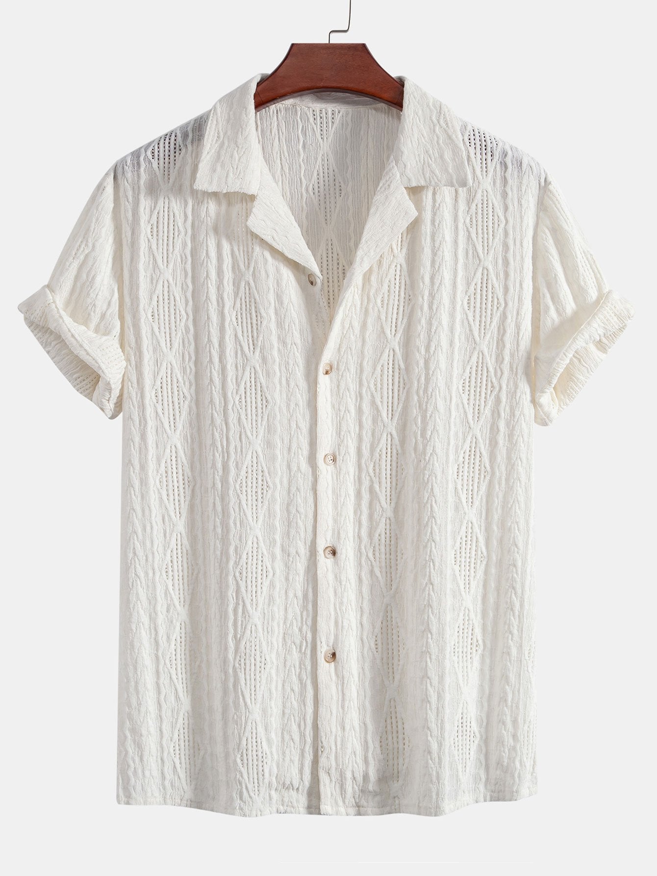 Stylish Geometric Jacquard Cuban Shirt with Eyelet Design for Casual Elegance 1