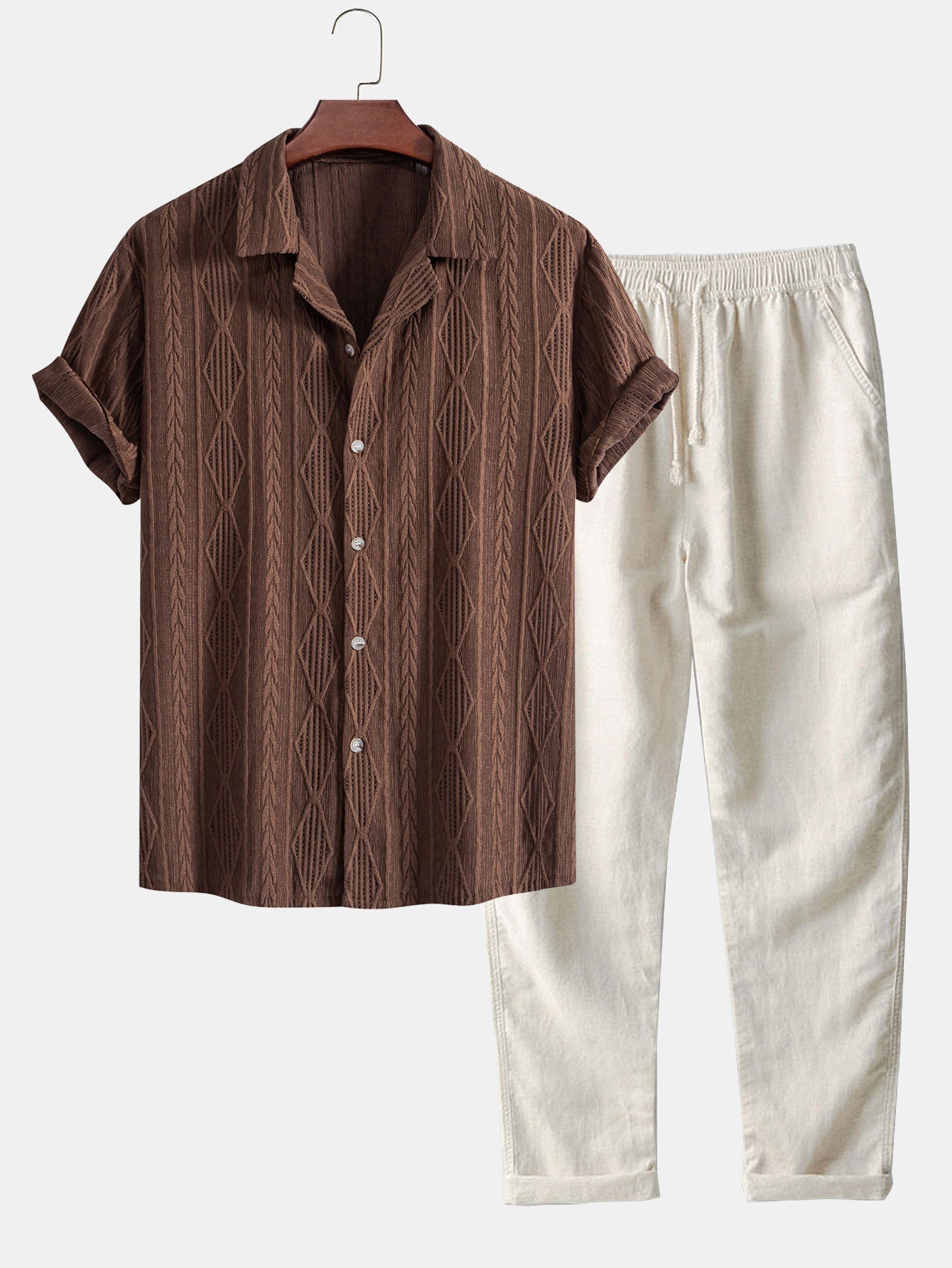 Stylish Men's Outfit | Geometric Jacquard Shirt & Linen Pants Set | Comfortable Fit for Versatile Occasions 0
