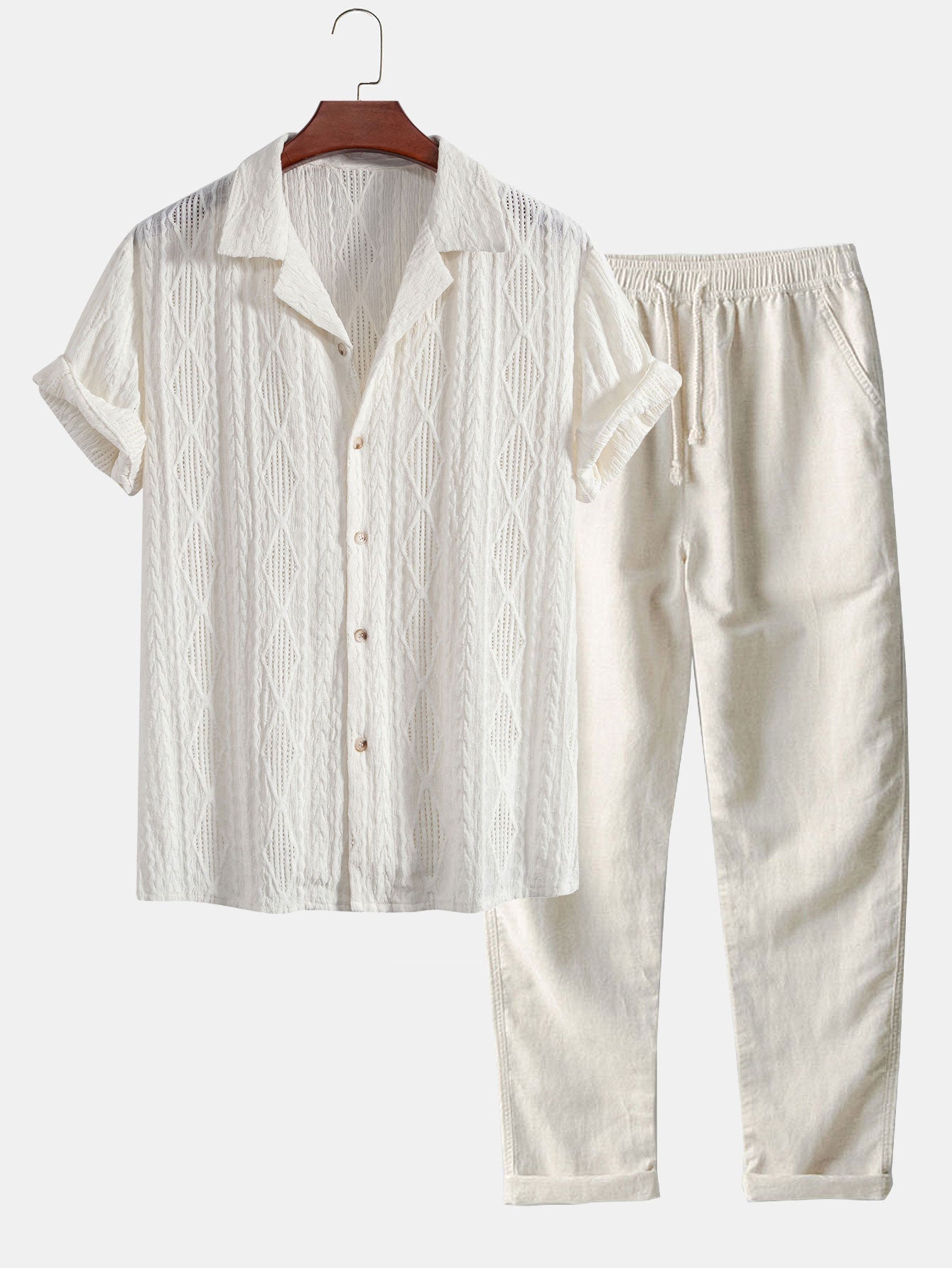 Stylish Men's Outfit | Geometric Jacquard Shirt & Linen Pants Set | Comfortable Fit for Versatile Occasions 1