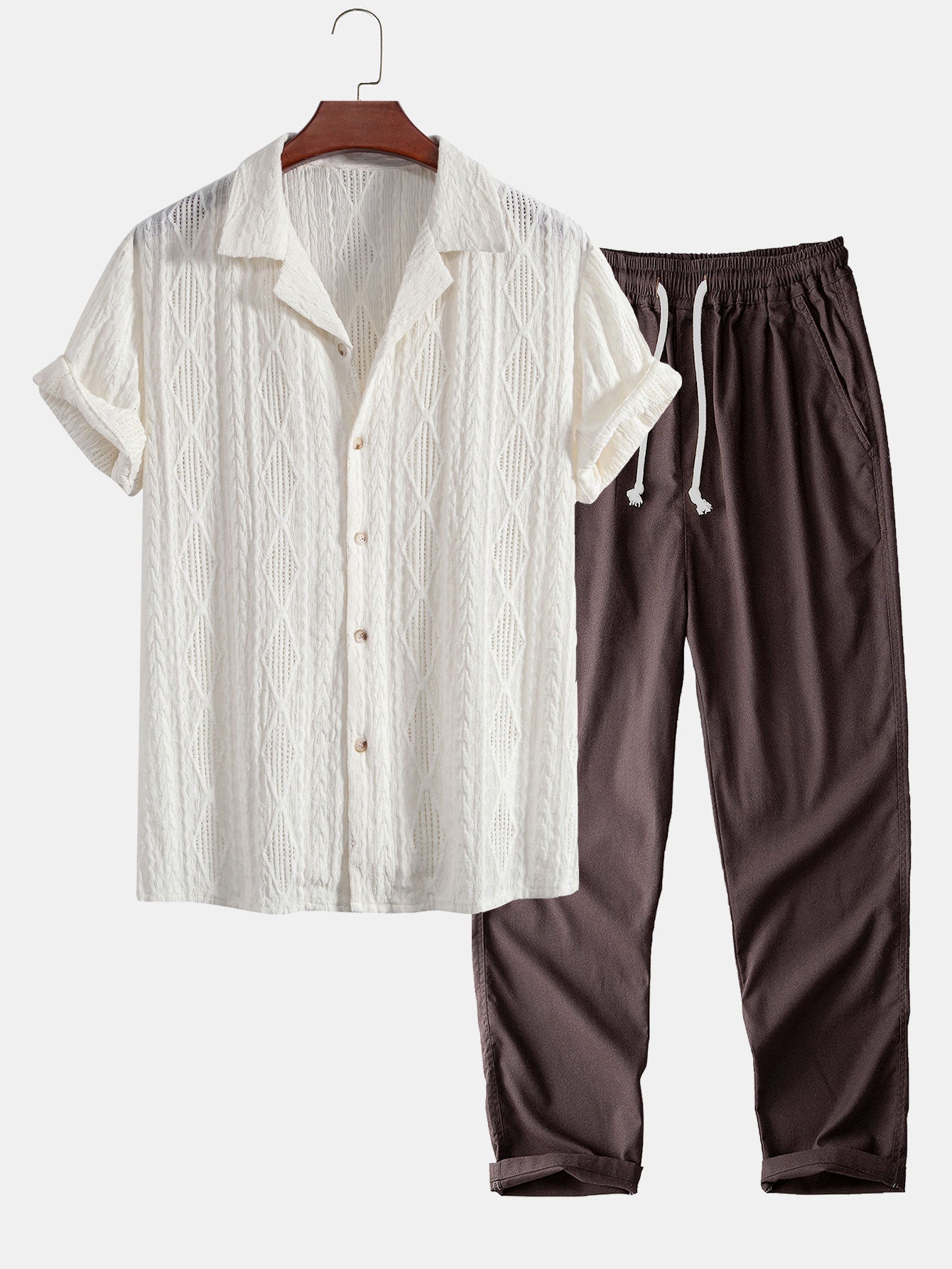 Stylish Men's Outfit | Geometric Jacquard Shirt & Linen Pants Set | Comfortable Fit for Versatile Occasions 3