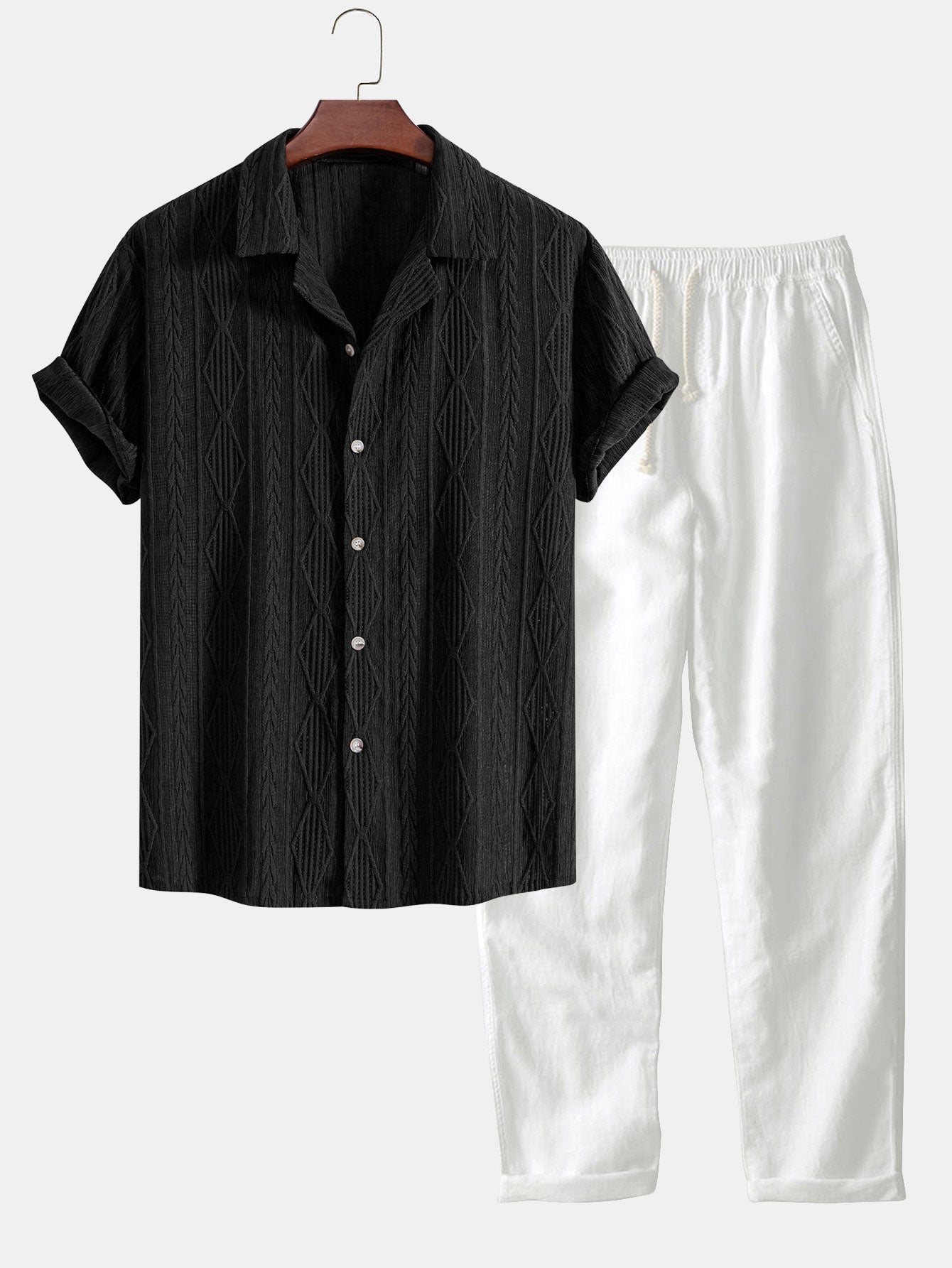 Stylish Men's Outfit | Geometric Jacquard Shirt & Linen Pants Set | Comfortable Fit for Versatile Occasions 4