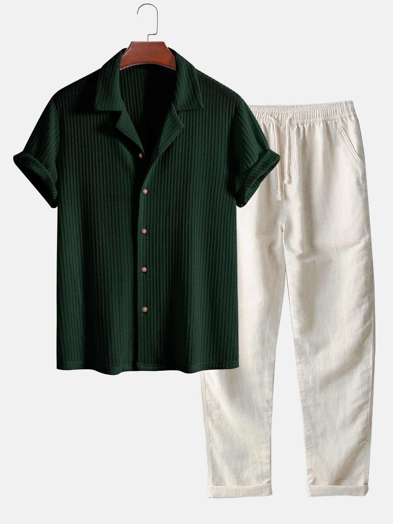 Stylish Shirt and Pants Set | Waffle Knit Cuban Shirt with Linen Pants for Effortless Casual Comfort 0