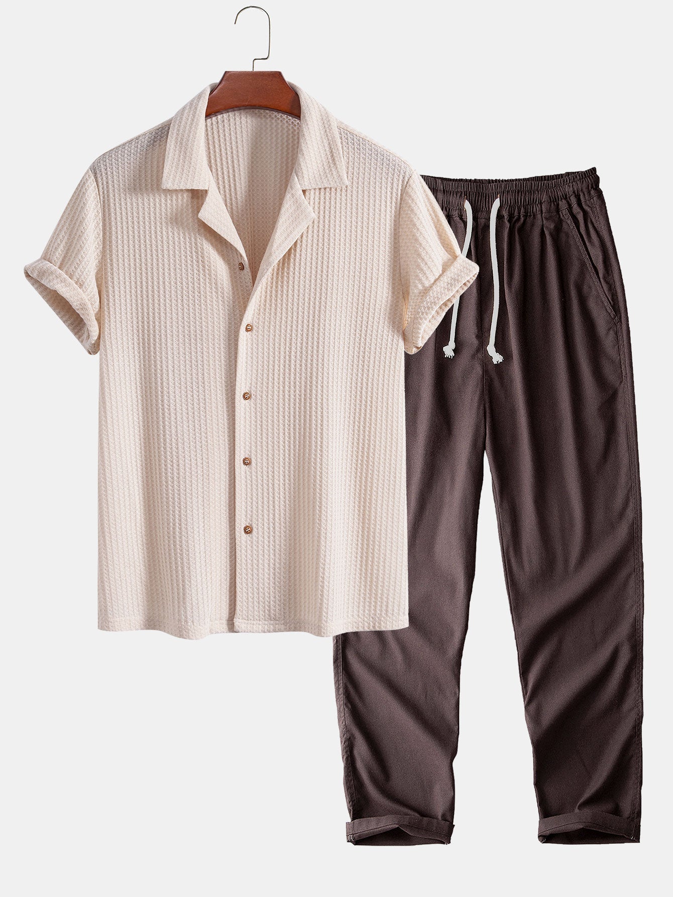 Stylish Shirt and Pants Set | Waffle Knit Cuban Shirt with Linen Pants for Effortless Casual Comfort 2