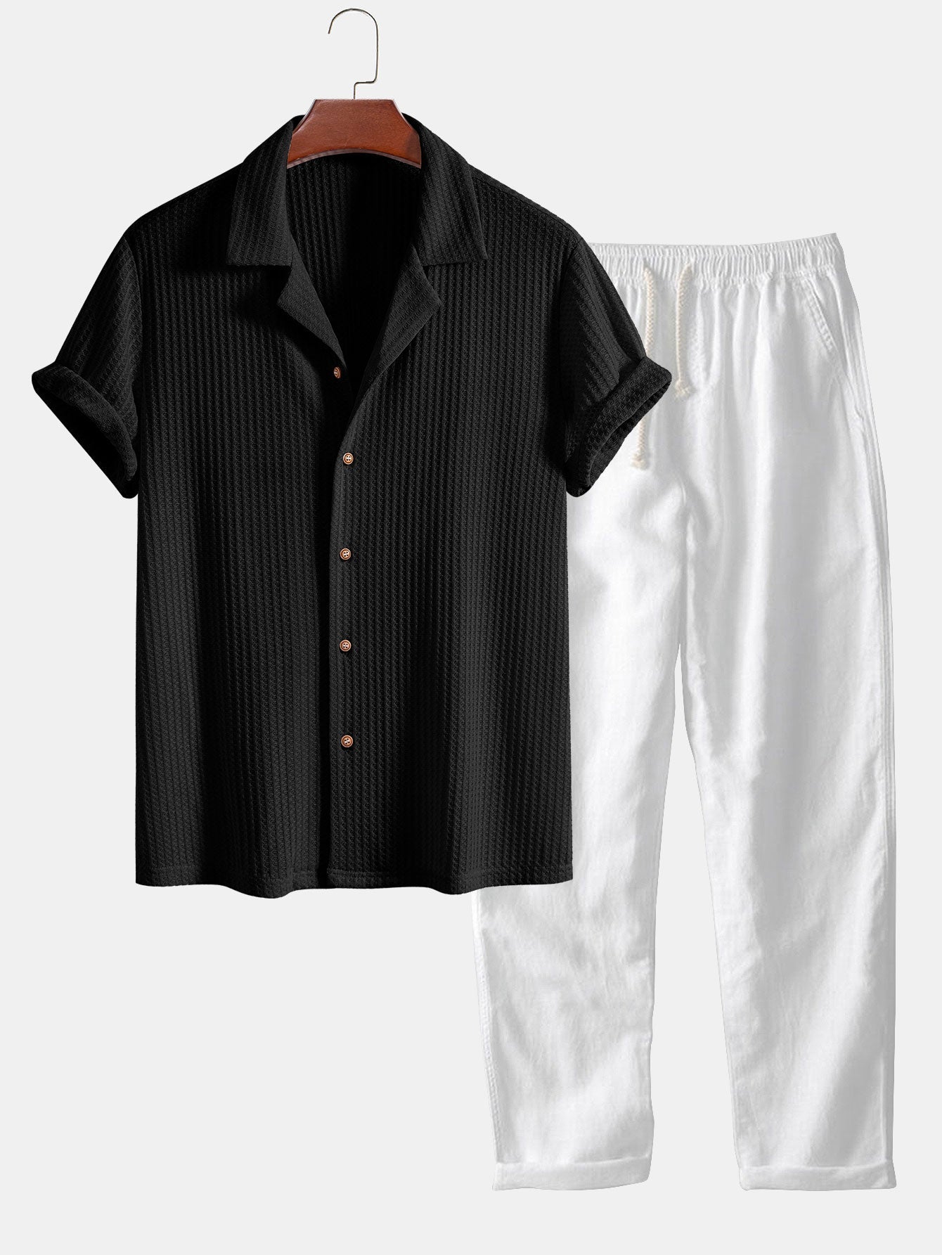 Stylish Shirt and Pants Set | Waffle Knit Cuban Shirt with Linen Pants for Effortless Casual Comfort 3