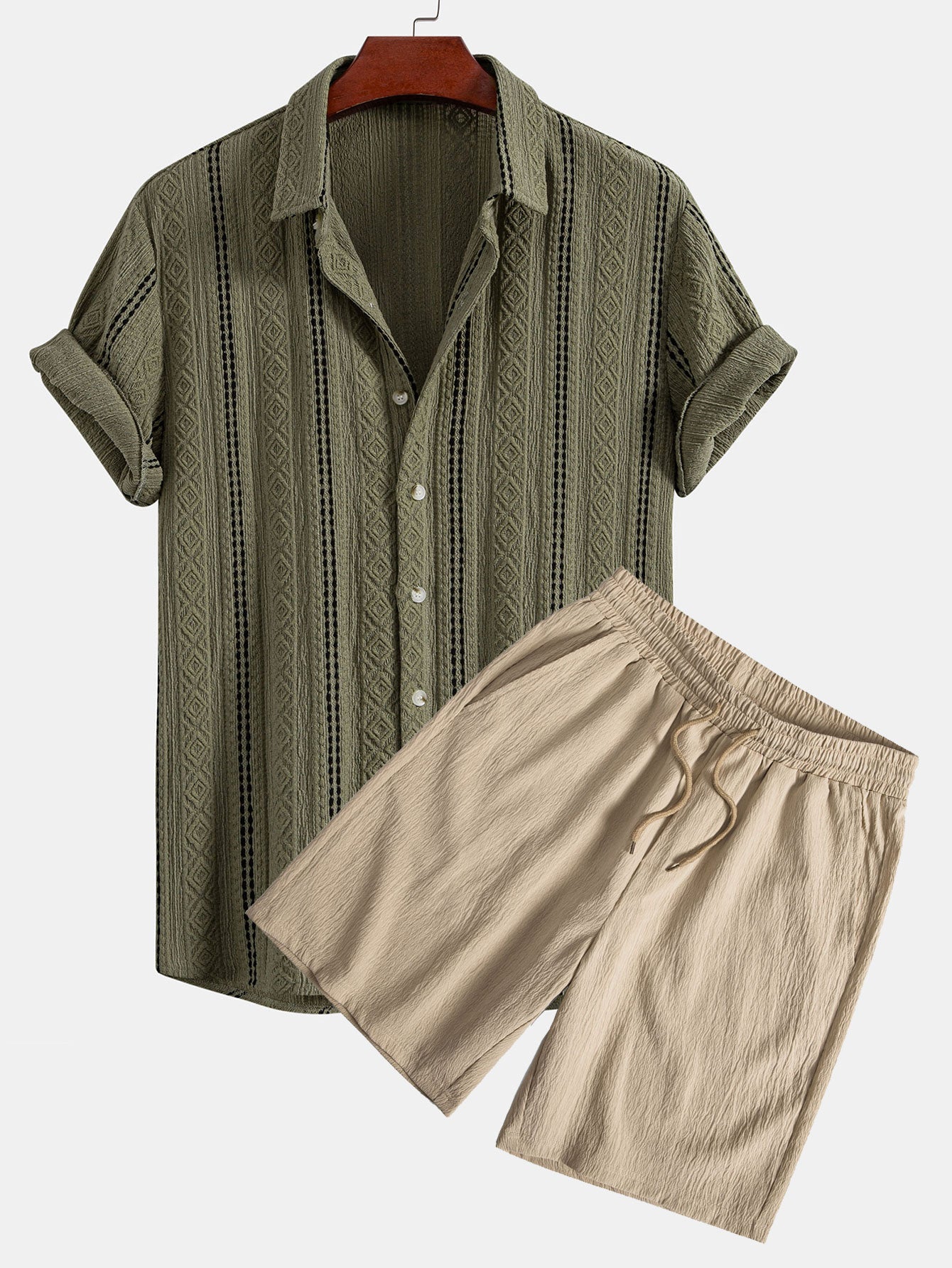Summer Set | Geometric Striped Jacquard Shirt & Drawstring Shorts | Relaxed Fit for Effortless Style 0