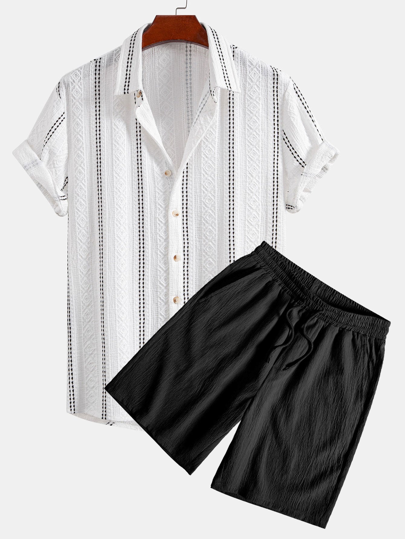 Summer Set | Geometric Striped Jacquard Shirt & Drawstring Shorts | Relaxed Fit for Effortless Style 1